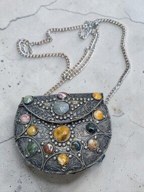 Vintage Sajai Embellished Multicolor Stone Crossbody Bag